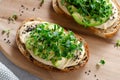 Avocado Hummus Toast with Sprouts, Healthy Snack, Breakfast, Vegetarian Meal Royalty Free Stock Photo