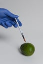 Avocado injected with pesticides needle syringe