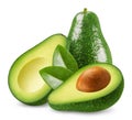 Avocado isolated. Ripe green avocado and two halves of the fruit with leaves on a white Royalty Free Stock Photo