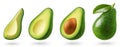 Avocado isolated set. Collection of green avocado, halves and slices of the fruit on a white Royalty Free Stock Photo