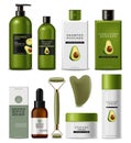 Avocado oil cosmetics and beauty massage set vector realistic. Label design mock up. Products collection placement