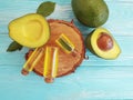 Avocado oil freshness extract on wooden background vitamin health Royalty Free Stock Photo