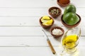 Avocado, and other ingredients for sauce guacamole on the table. Royalty Free Stock Photo