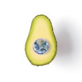 Avocado with planet Earth. Abstract fruit background.