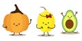 Avocado, pumpkin and lemon. set of cartoon tropical fruit characters in kawaii style,