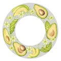 Avocado round wreath frame. Fruit half with seed core, sliced pieces, green leaves, flowers, splash. Botanical vegetable