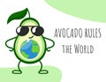 Avocado rules the World. Happy cool cartoon avocado in sunglasses with planet Earth inside. Vector illustration