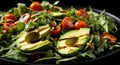 Avocado salad with arugula, cherry tomatoes and pine nuts