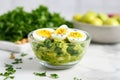 avocado salad with boiled eggs on a marble countertop Royalty Free Stock Photo