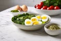 avocado salad with boiled eggs on a marble countertop Royalty Free Stock Photo