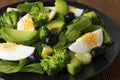 Avocado salad with broccoli, spinach, olives and boiled eggs in black plate, over wooden table. Healthy food. Avocado salad recipe