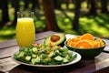 avocado salad served with a glass of fresh orange juice on an outdoor picnic table Royalty Free Stock Photo