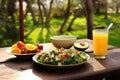 avocado salad served with a glass of fresh orange juice on an outdoor picnic table Royalty Free Stock Photo