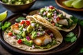 Avocado Salsa Spooned Over Grilled Fish Tacos. Generative AI Royalty Free Stock Photo