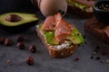 Avocado sandwich close up on grey stone kitchen table with ingredients in the background Royalty Free Stock Photo