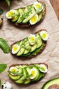 Avocado sandwich on dark rye bread made with fresh sliced avocados with spinach, guacamole, arugula and quail eggs.