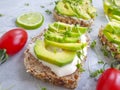 Avocado sandwich, healthy food appetizer toast savory dinner on concrete background