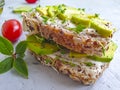 Avocado sandwich, tomato vegan homemade dinner on concrete background ingredient