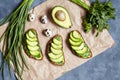 Avocado sandwiches with guacamole and spinach on parchment paper on a concrete background. Spring food. Low carb diet of