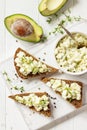 Avocado sandwiches. Traditional latinamerican mexican sauce guacamole. Royalty Free Stock Photo