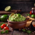 Avocado sauce guacamole in bowl on wooden background