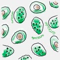 Avocado. Seamless pattern of awacade doodles with handwritten letters. repeating background