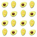 Avocado seamless pattern. Background made from isolated avocado pieces on white background. Flat lay of whole and half avocados, Royalty Free Stock Photo