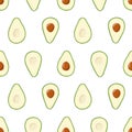 Avocado seamless pattern. Halves of fresh sliced avocado with pit on white background. Vector seamless pattern. Royalty Free Stock Photo