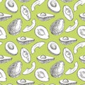Avocado seamless pattern. Hand drawn illustrations. Avocado, sliced pieces, half, leaf and seed sketch. Tropical summer