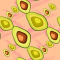 Avocado seamless pattern with tropical leaves of palm tree. Royalty Free Stock Photo
