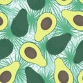 Avocado seamless pattern with tropical leaves on white background.