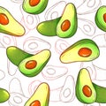 Avocado seamless pattern. Whole avocados, sliced pieces, cut half with seed sketch. Tropical summer fruit hand drawn Royalty Free Stock Photo