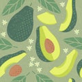 Avocado seamless pattern. Whole and sliced avocado with leaves and flowers on shabby background.