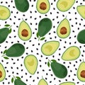Avocado seamless pattern whole and sliced on white background, Fruits vector