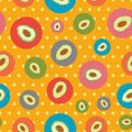 Avocado seamless vector pattern background. Backdrop of multicolor hand drawn circles of fruit with orange polka dot Royalty Free Stock Photo