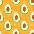 Avocado seamless vector pattern background. Hand drawn fruit illustration on watercolor paint style orange backdrop Royalty Free Stock Photo