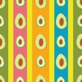Avocado seamless vector pattern background. Hand drawn fruit with vertical pink orange green stripes backdrop. Modern Royalty Free Stock Photo