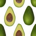 Avocado seamless vector pattern ripe raw fruit. Persea americana exotic whole and halved. seed.