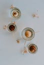 Avocado seeds at home growing in a glass of water isolated on white.