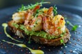 Avocado shrimp open sandwich with whole grain bread. Fried shrimp and mashed avocado on a toasted bread. Generative AI Royalty Free Stock Photo