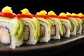 avocado and shrimp sushi roll with a hint of strawberry