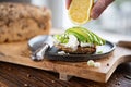 Avocado slices on grain bread with cream cheese Royalty Free Stock Photo