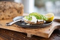 Avocado slices on grain bread with cream cheese Royalty Free Stock Photo