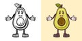 Avocado smiling cartoon character with hands and legs. Vector illustration in two styles black on white and colorful Royalty Free Stock Photo