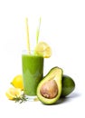 Avocado smoothie and fruits on white background Royalty Free Stock Photo