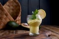 Avocado smoothie and lime in a glass. Food for health and beauty. Super food from vegetables and fruits. Wooden background, free