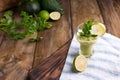 Avocado smoothie and lime in a glass. Food for health and beauty. Super food from vegetables and fruits. Wooden background, free