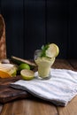 Avocado smoothie and lime in a glass. Food for health and beauty. Super food from vegetables and fruits. Wooden background, free