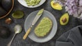 Avocado spread on bread slice. Healthy food, top view