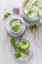 Avocado spread with curd cheese and ingredients